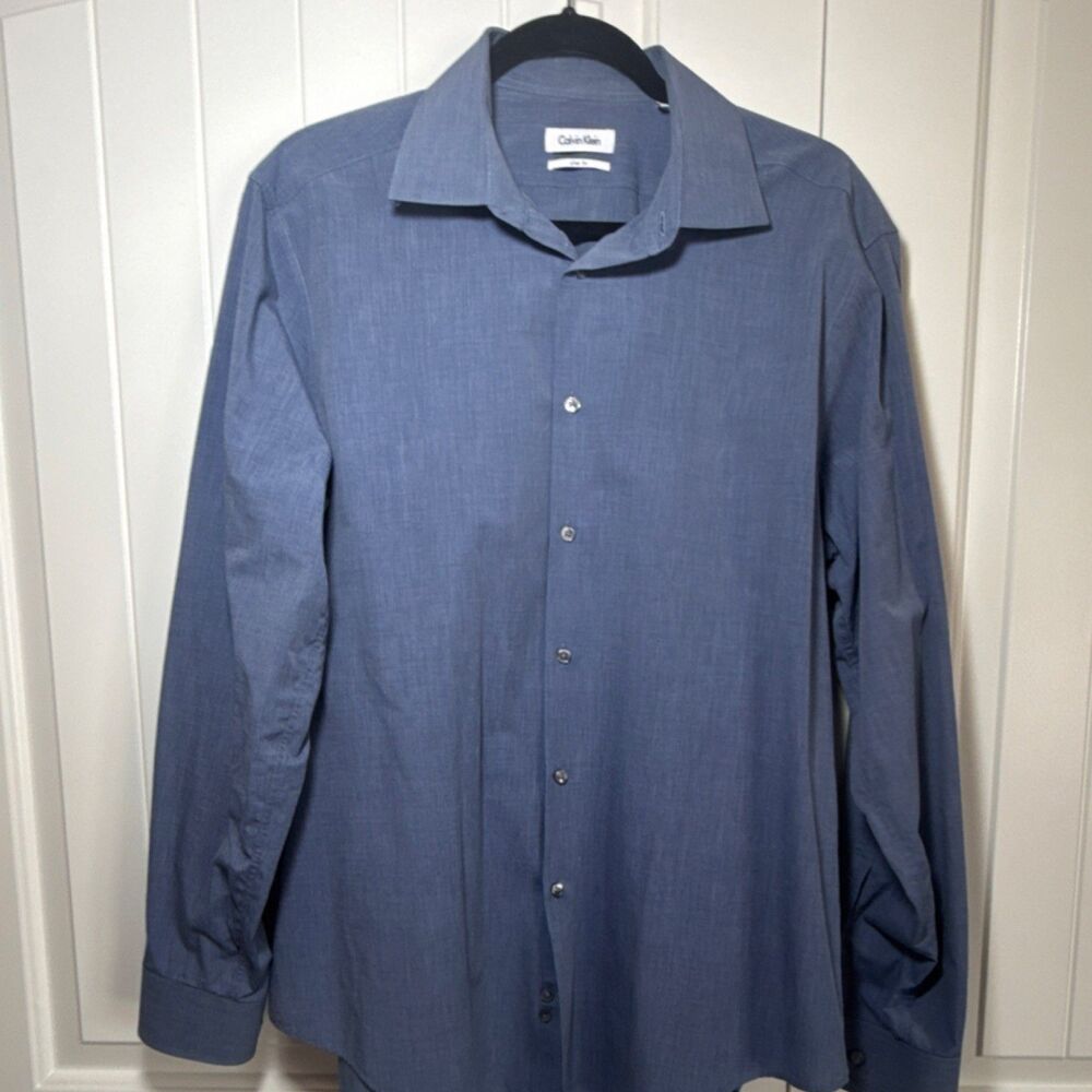Calvin Klein Men's Slim Fit Blue Dress Shirt 17 34/35 Collared Long Sleeve